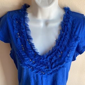 Royal Blue V Neck Tee Shirt DKNY jeans S fringe detail